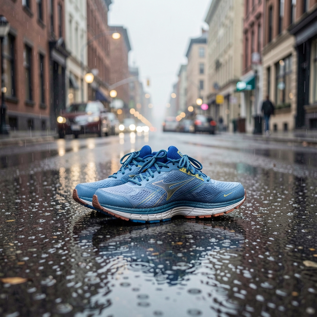 Running shoes on a rain-dampened pavement in overcast morning light, a quiet urban street in the background