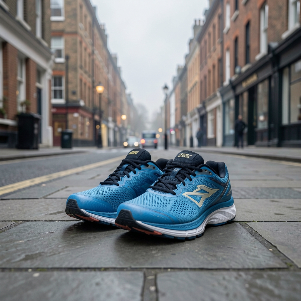 Running shoes placed on grey London pavement at street level, early morning overcast light, lace-up leather trainers and damp cobblestones